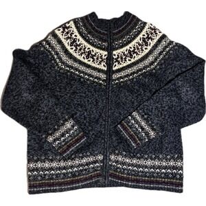 Tiara International Nordic Fair Isle Full Zip Cardigan Sweater Grey Womens L
